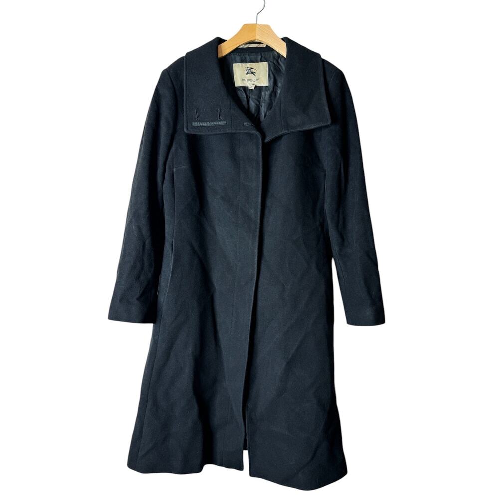 Burberry London Women UK 14 US 12 Black Wool Cashmere Stand Collar Long Coat